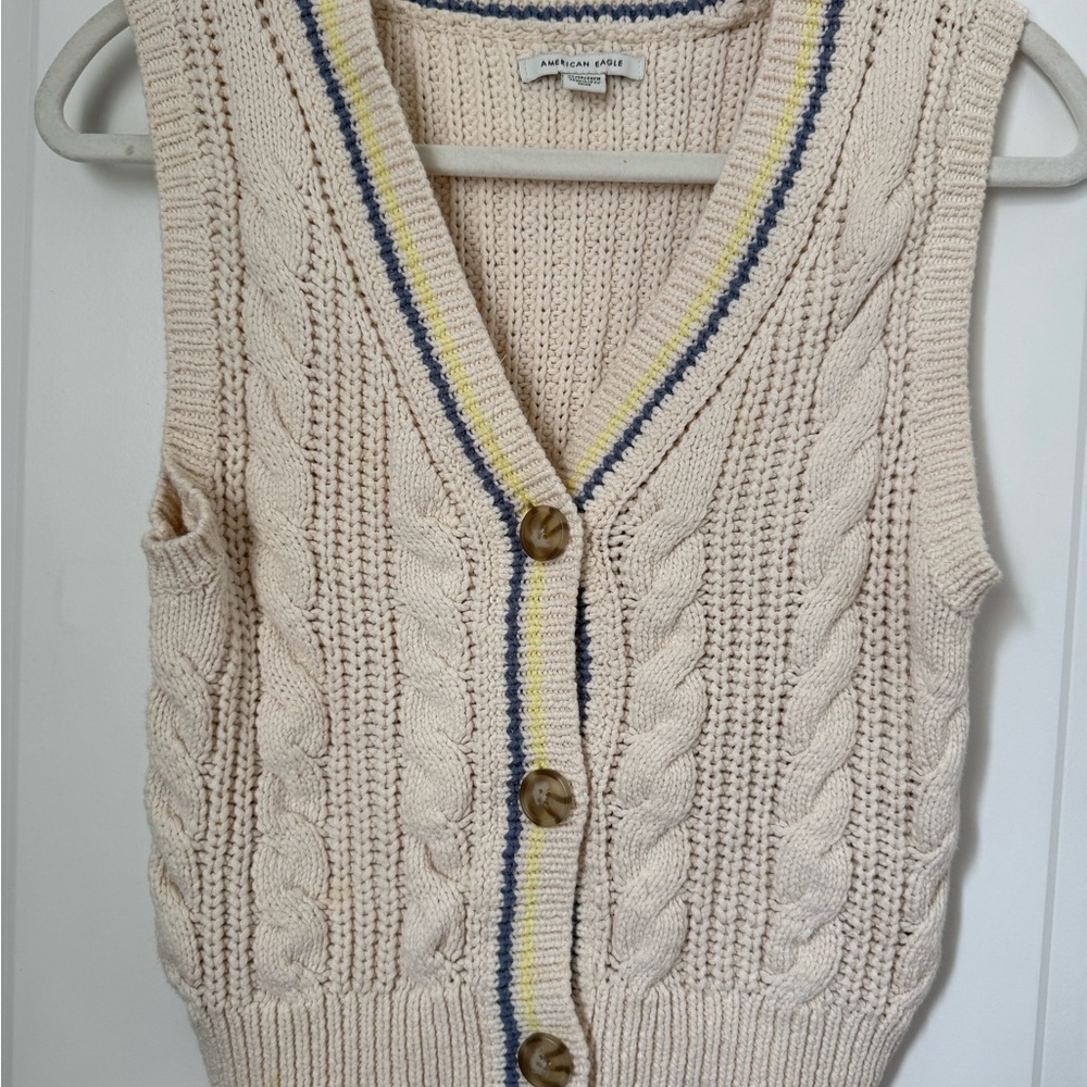 American Eagle Outfitters 100% Cotton Cream Knit Button Vest with Contrast Trim